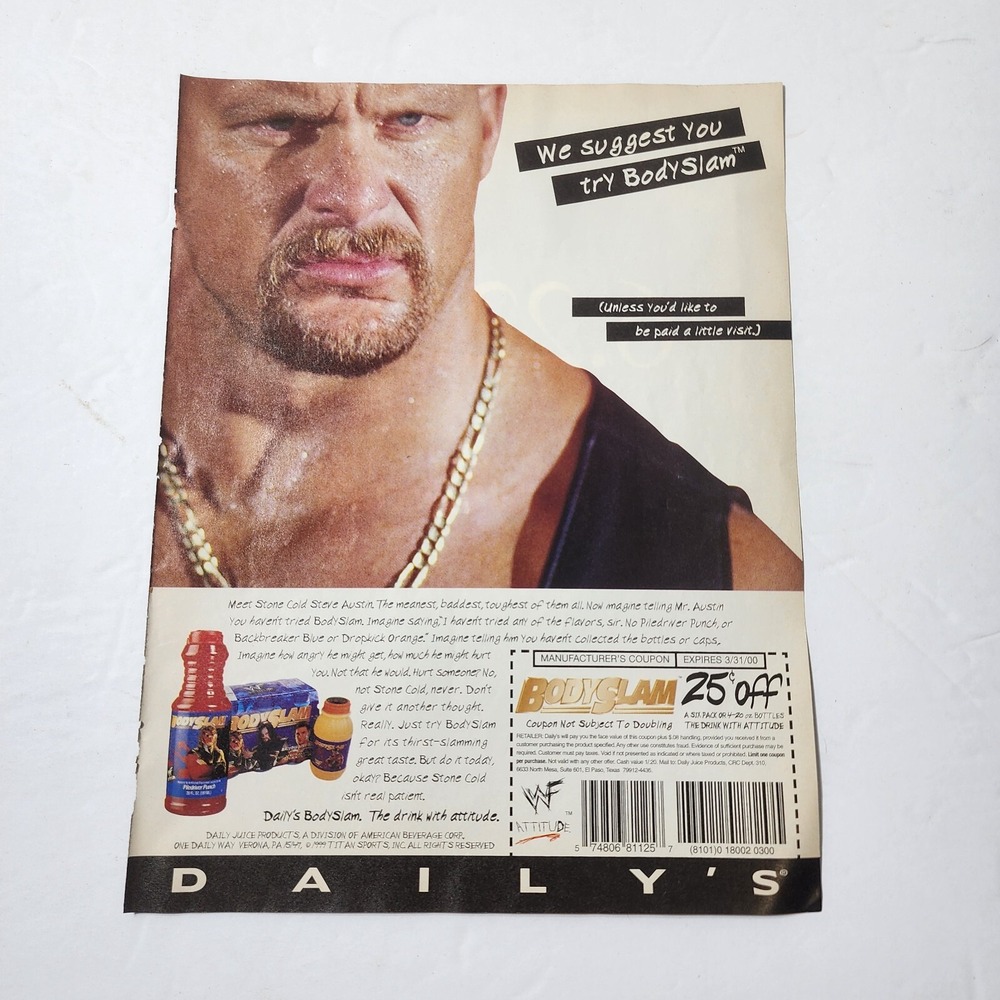 Vintage Print Ad WWF Stone Cold Steve Austin BodySlam 1999 Wrestling 8x10.5